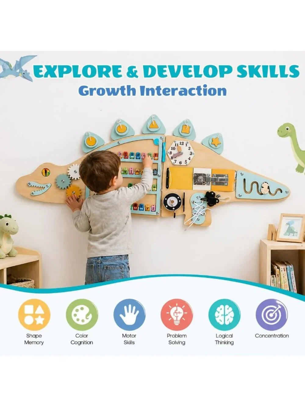 Wooden Dinosaur Busy Board - Wall Mounted Montessori Sensory Activity Panel